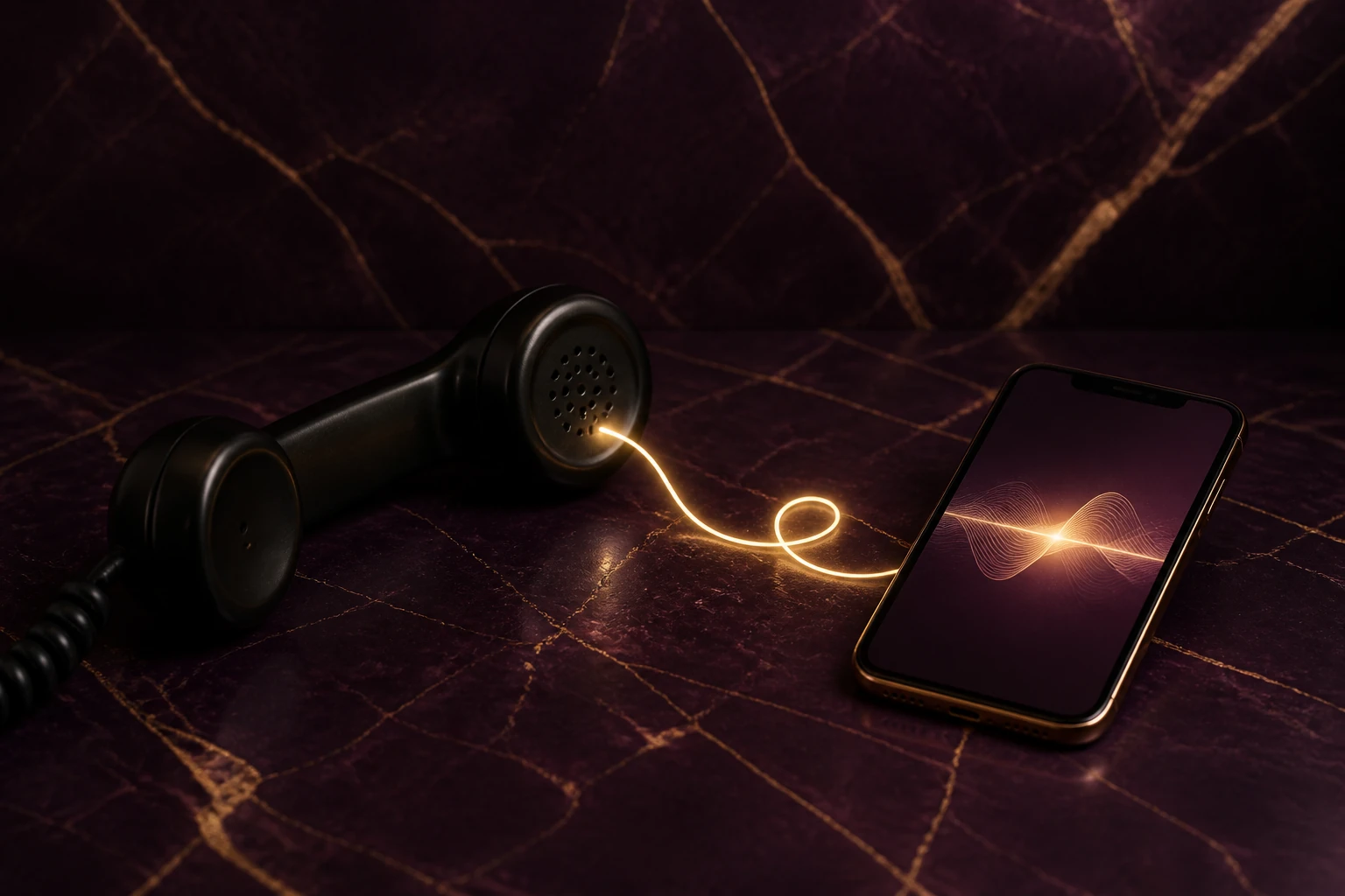 A black telephone handset and smartphone connected by a warm gold voice path on deep plum marble.