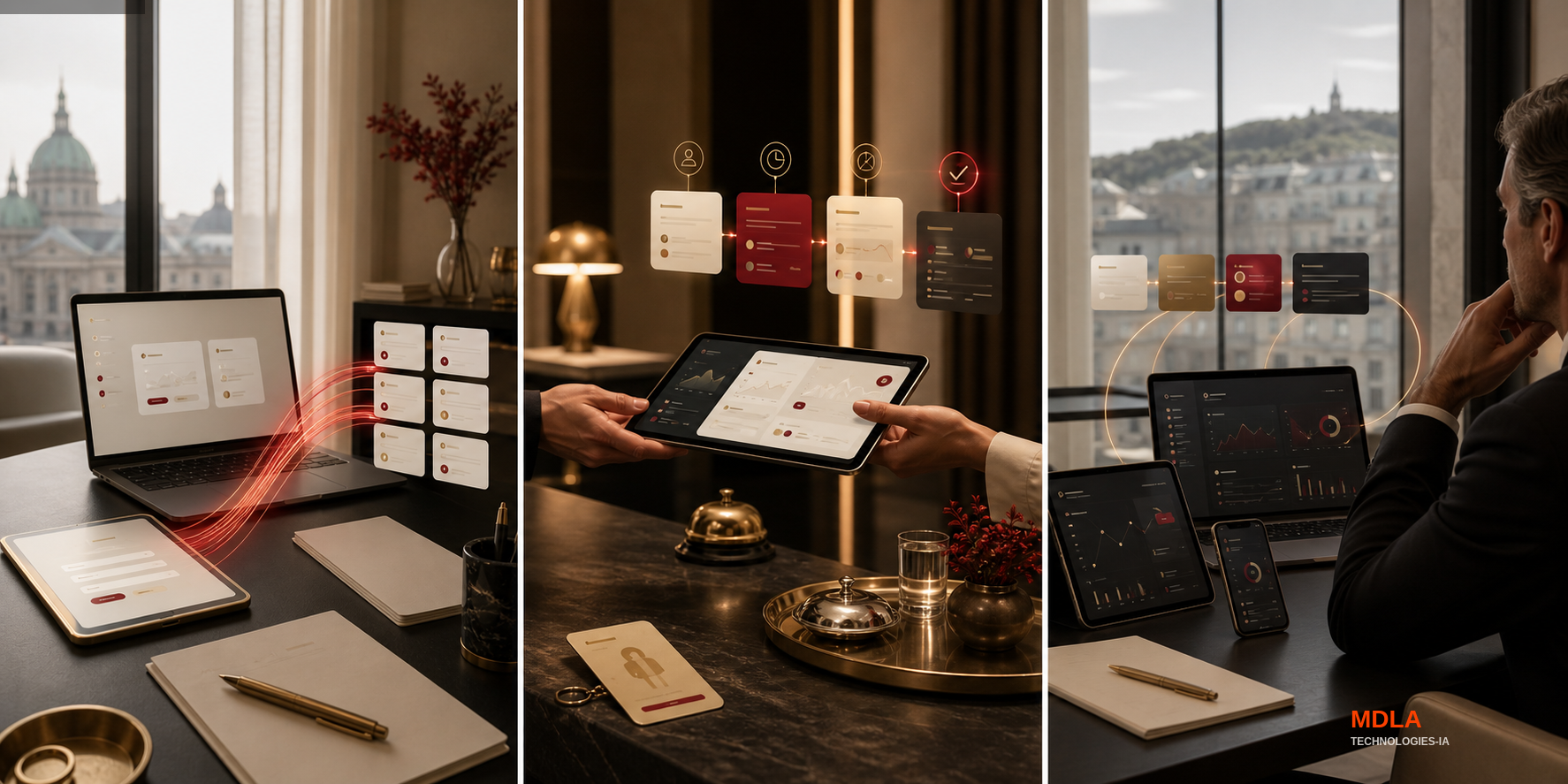 A calm executive workspace with abstract analytics and follow-up signals across devices, showing business continuity and leadership visibility.