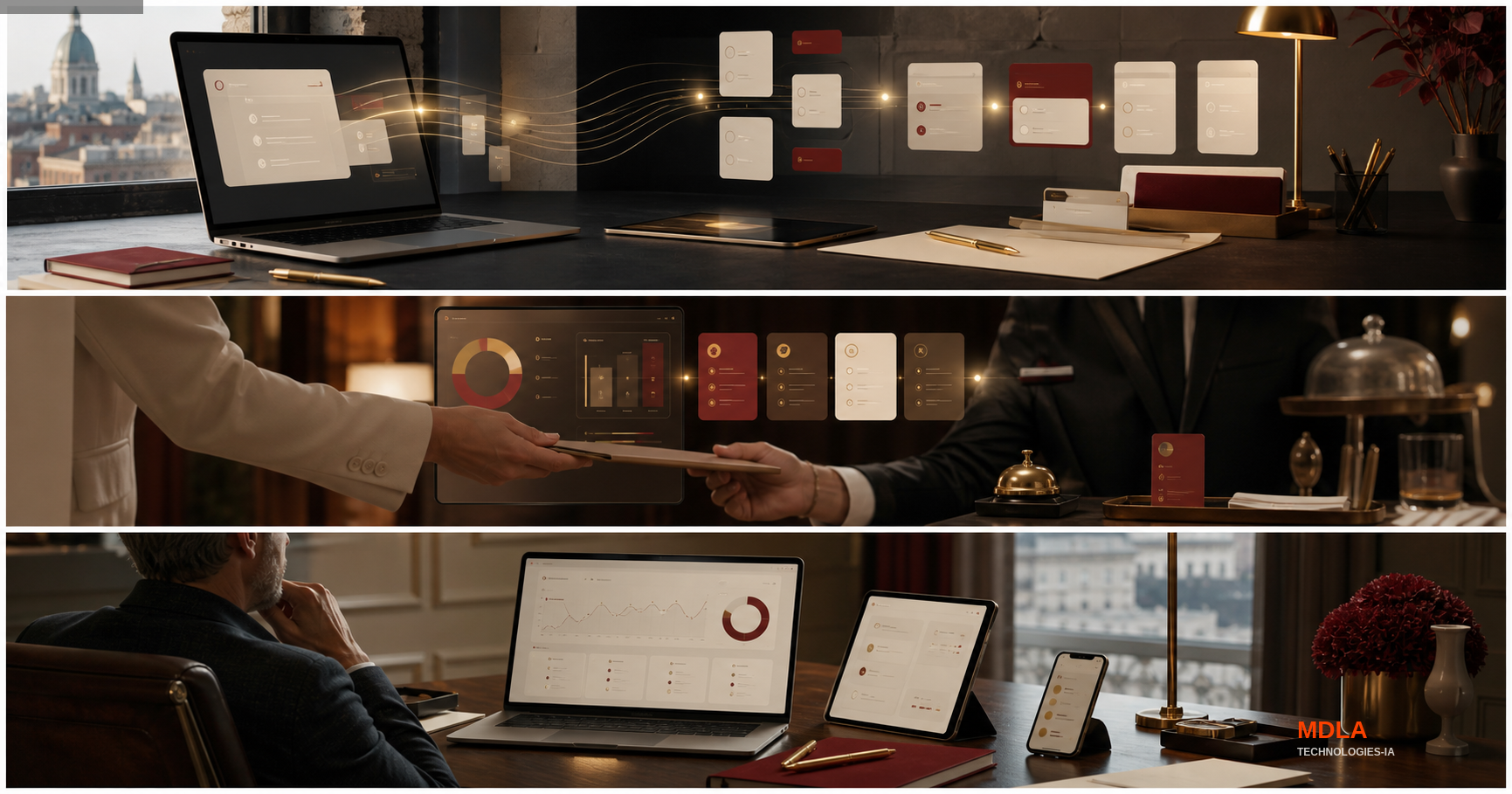 An elegant CRM pipeline operations scene with abstract lead cards, follow-up signals and premium hotel business context.