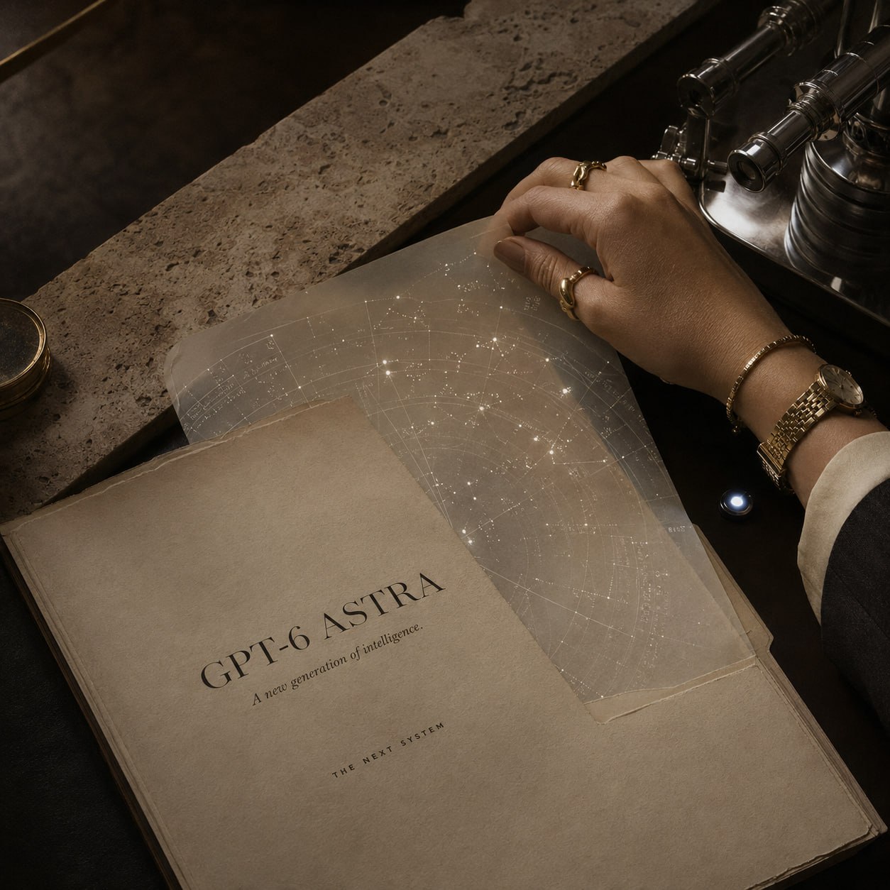GPT-6 ASTRA editorial cover showing a star chart page and optical instrument on a dark desk.
