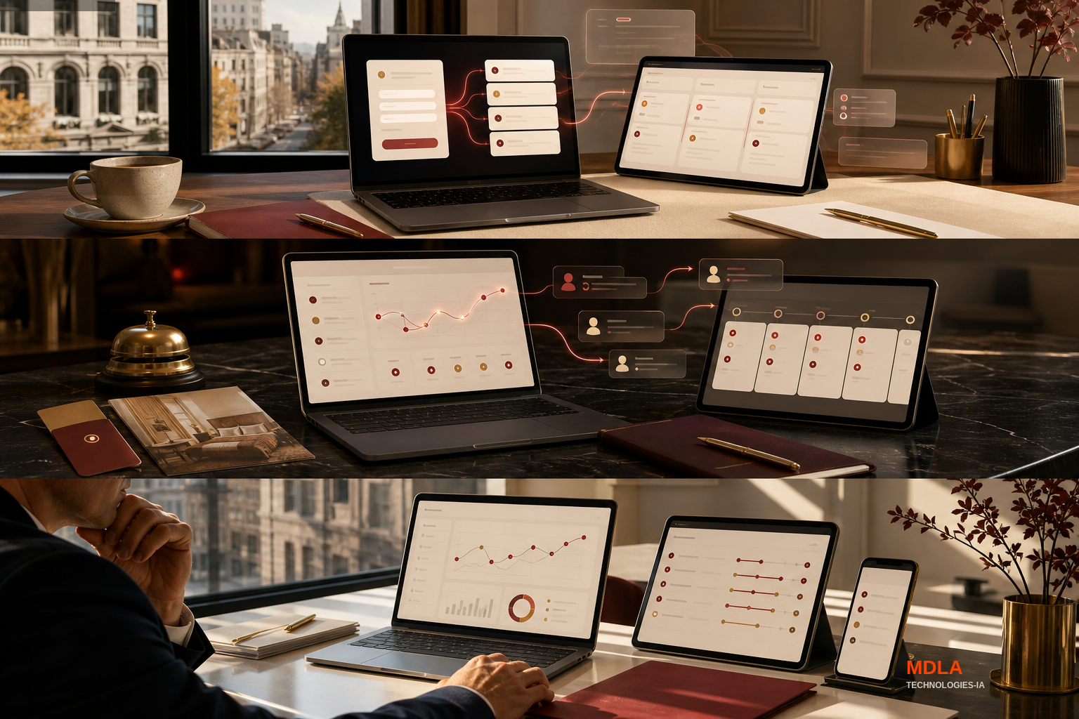A premium desk scene showing an abstract website inquiry becoming an organized workflow across elegant digital panels.