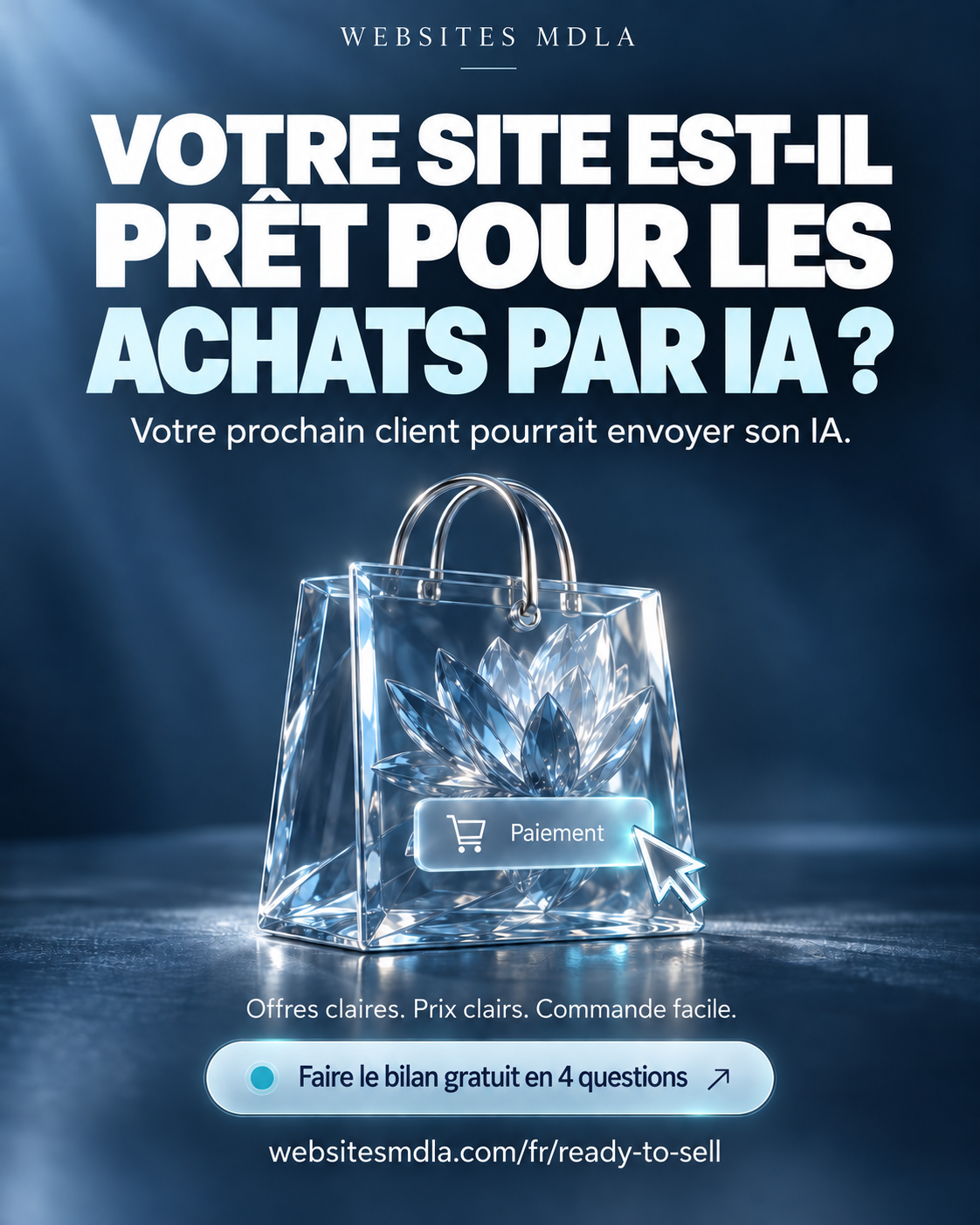Visuel de campagne montrant un sac de cristal et une question sur les achats assistés par IA