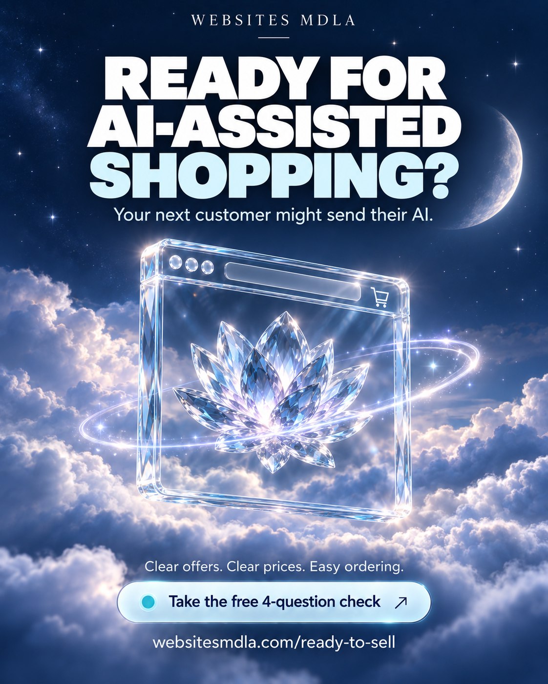 Dreamlike crystal shopping window floating above clouds beneath a moonlit sky
