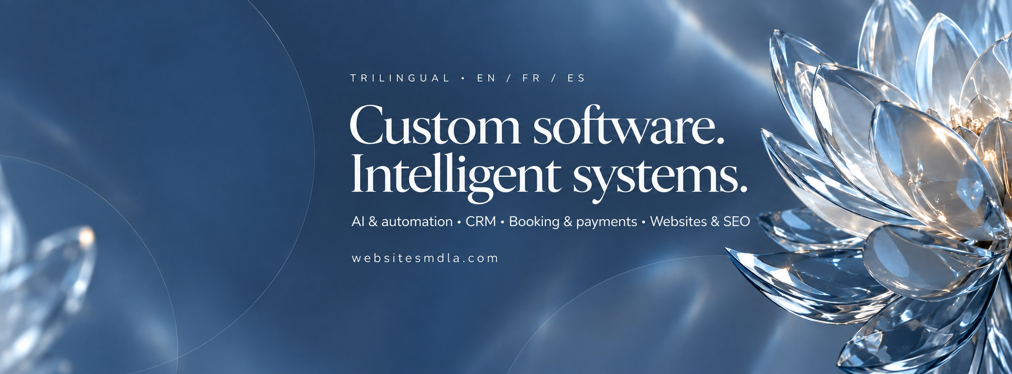 Custom software. Intelligent systems. AI and automation, CRM, booking and payments, websites and SEO. Trilingual in English, French and Spanish.