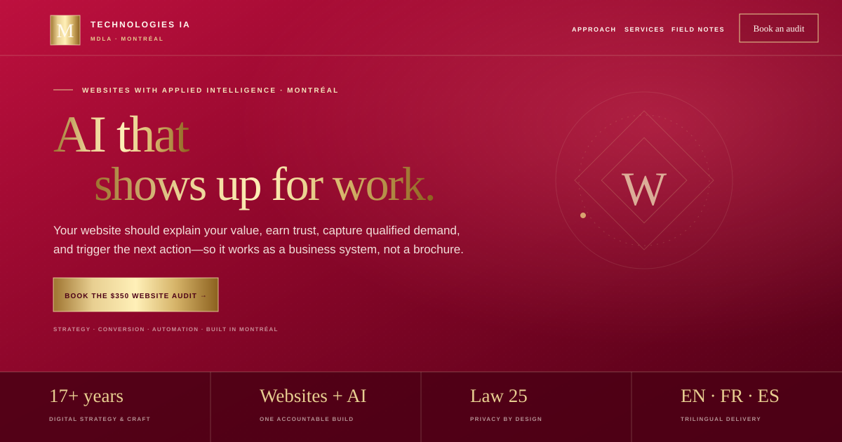 Websites MDLA homepage in crimson and gold with the message AI that shows up for work.